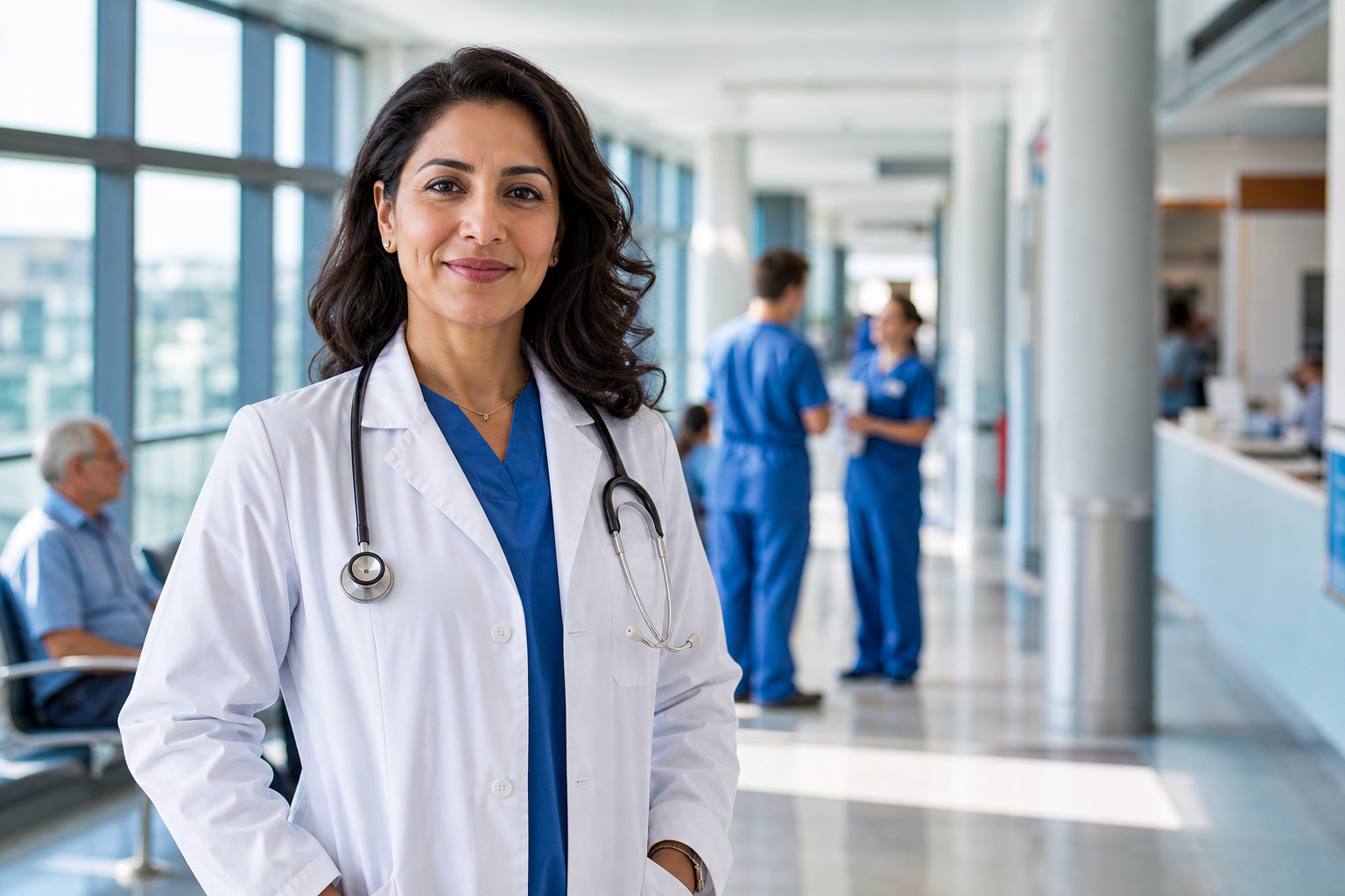 Female Doctor Smiling in Hospital with Stethoscope Necklace